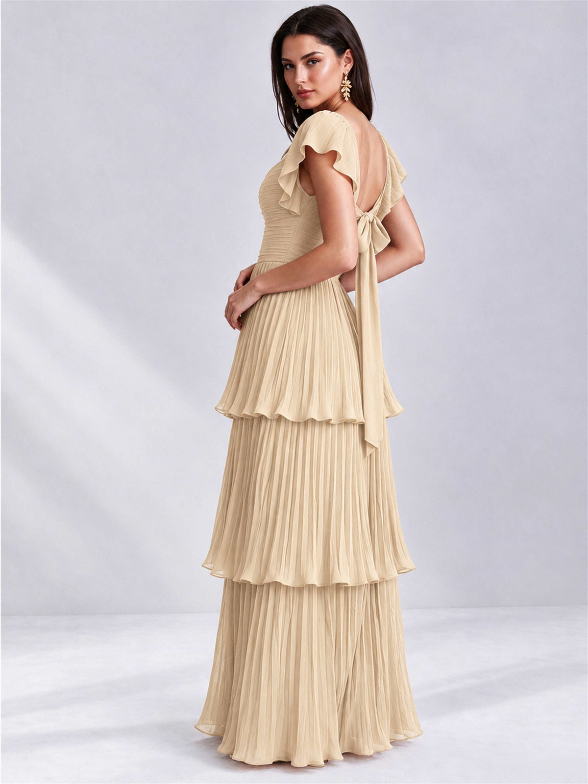 Sweetheart A-Line Tiered Chiffon Pleated Wedding Guest Dress with Flutter Sleeves