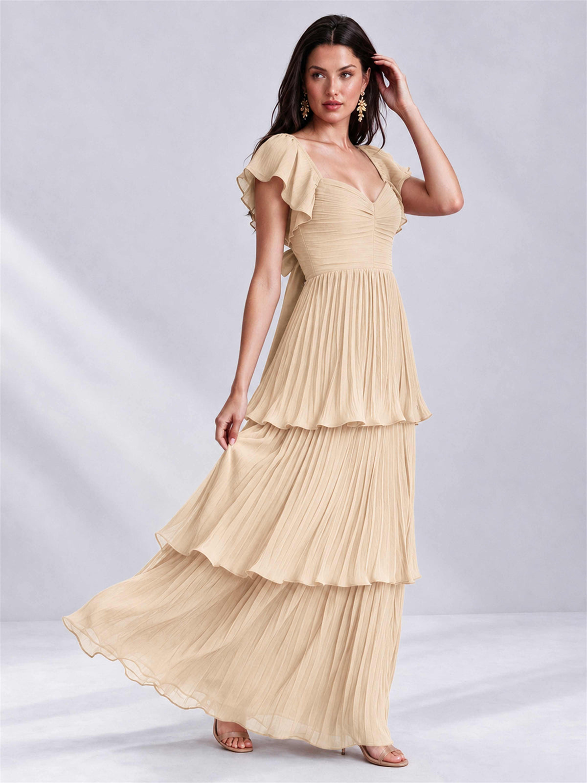 Sweetheart A-Line Tiered Chiffon Pleated Wedding Guest Dress with Flutter Sleeves