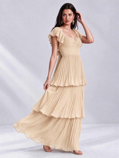 Sweetheart A-Line Tiered Chiffon Pleated Wedding Guest Dress with Flutter Sleeves