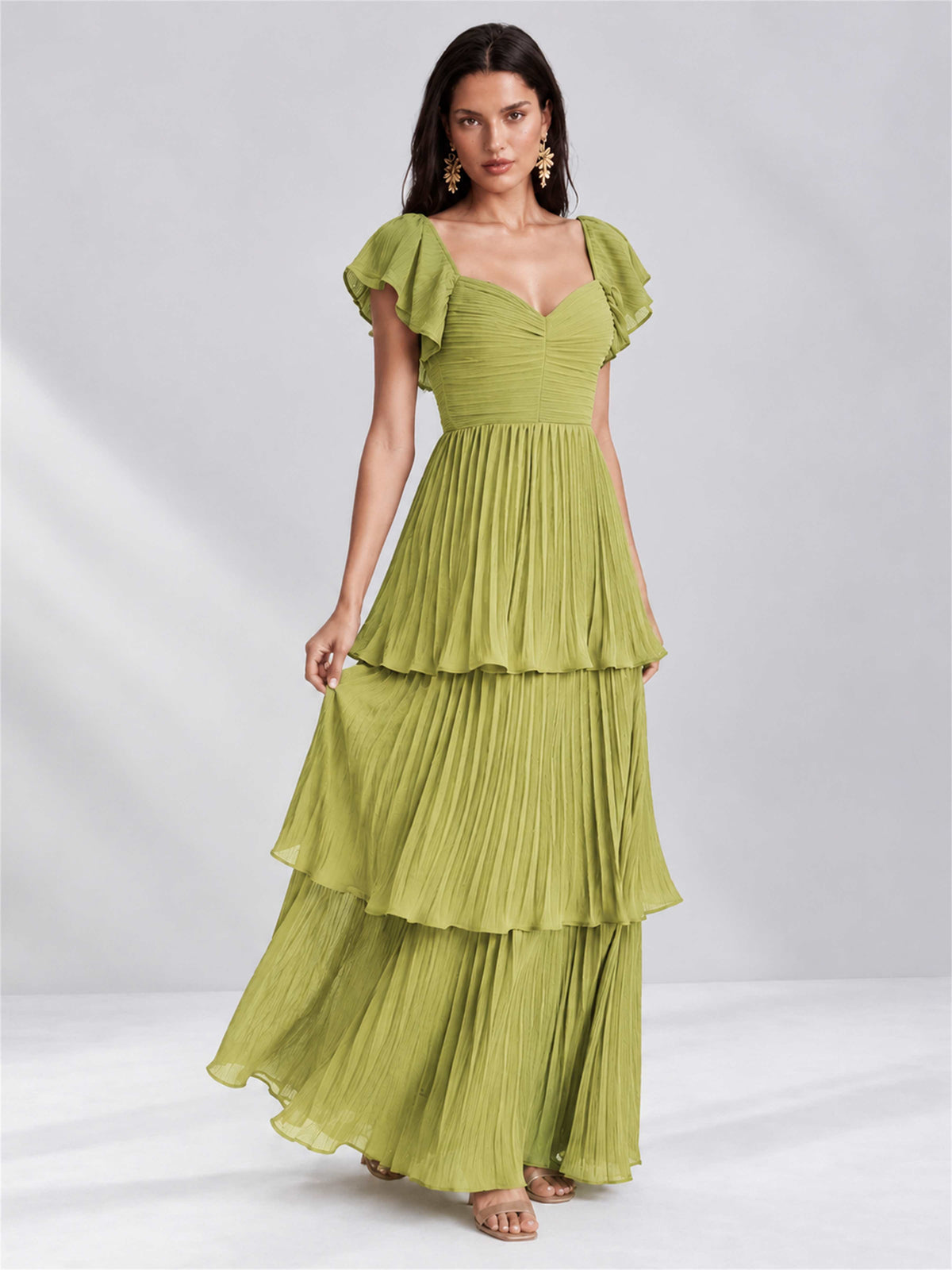 Sweetheart A-Line Tiered Chiffon Pleated Wedding Guest Dress with Flutter Sleeves