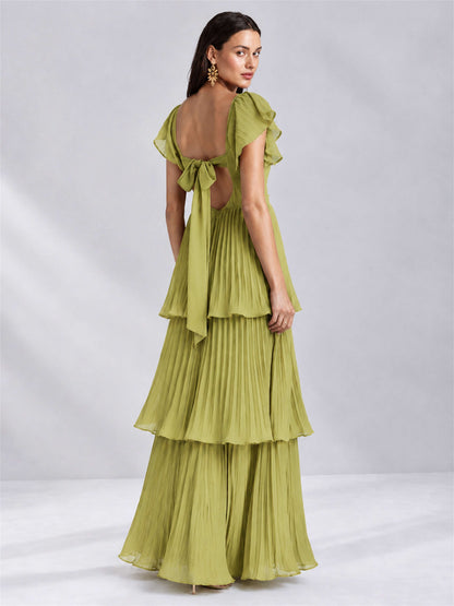 Sweetheart A-Line Tiered Chiffon Pleated Wedding Guest Dress with Flutter Sleeves