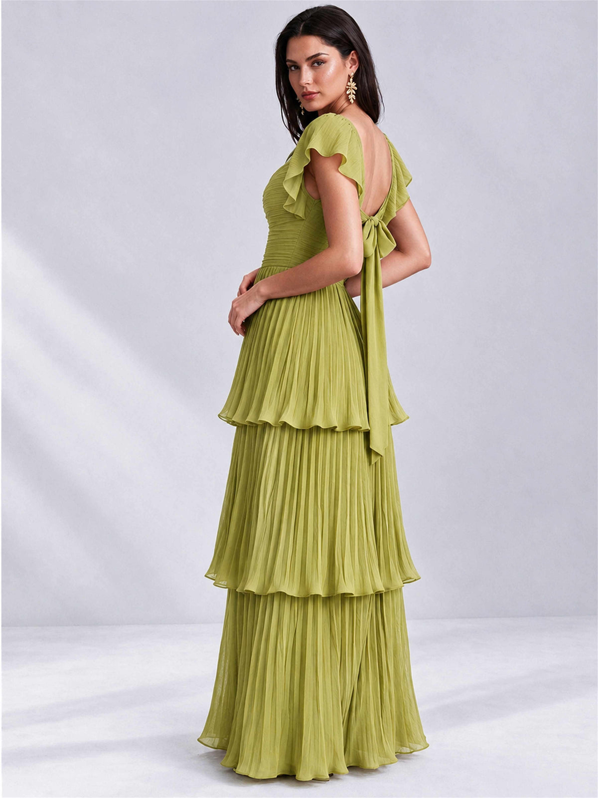 Sweetheart A-Line Tiered Chiffon Pleated Wedding Guest Dress with Flutter Sleeves
