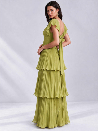 Sweetheart A-Line Tiered Chiffon Pleated Wedding Guest Dress with Flutter Sleeves