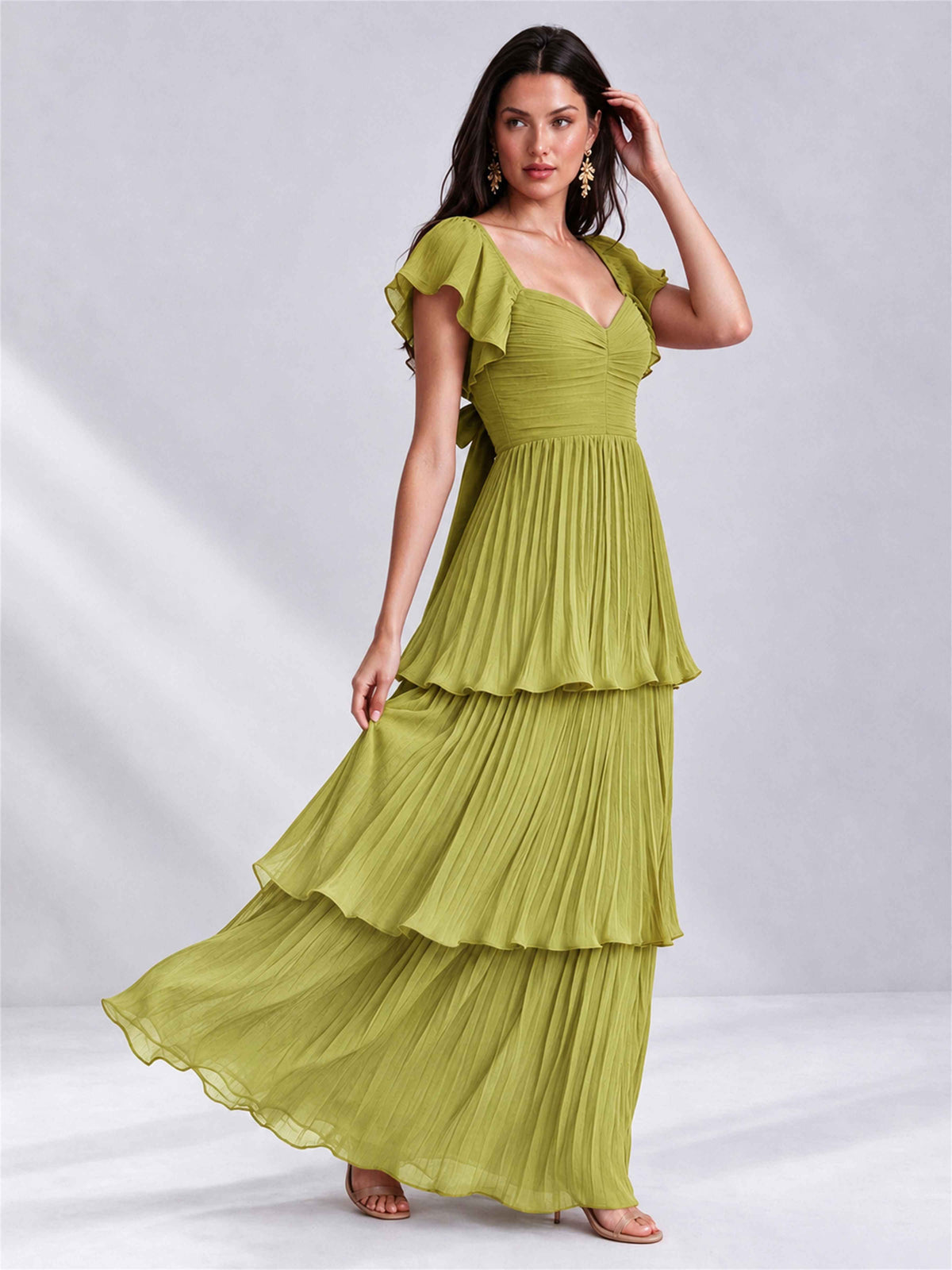 Sweetheart A-Line Tiered Chiffon Pleated Wedding Guest Dress with Flutter Sleeves