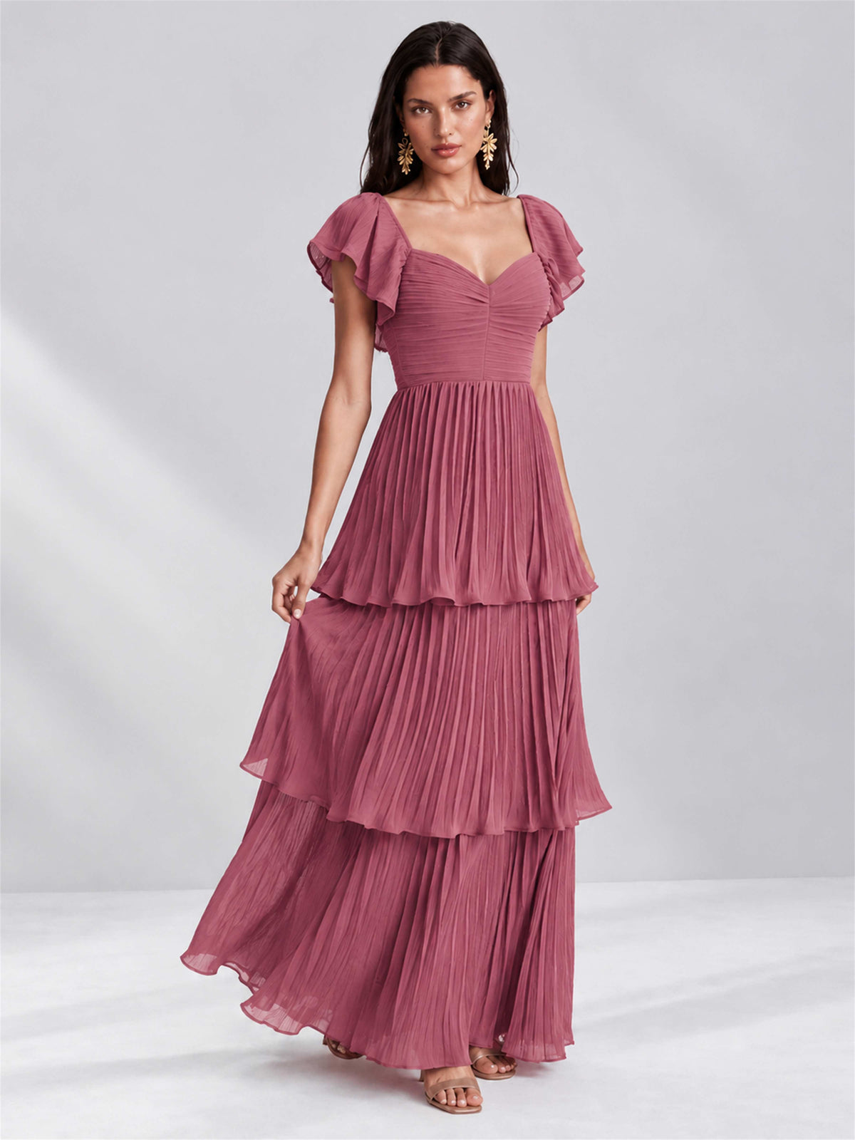 Sweetheart A-Line Tiered Chiffon Pleated Wedding Guest Dress with Flutter Sleeves