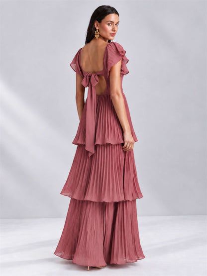 Sweetheart A-Line Tiered Chiffon Pleated Wedding Guest Dress with Flutter Sleeves