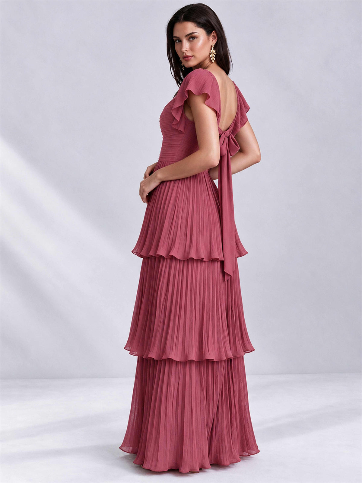 Sweetheart A-Line Tiered Chiffon Pleated Wedding Guest Dress with Flutter Sleeves
