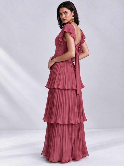 Sweetheart A-Line Tiered Chiffon Pleated Wedding Guest Dress with Flutter Sleeves