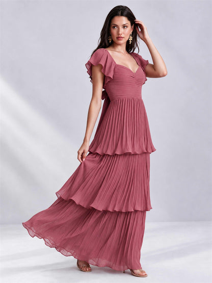 Sweetheart A-Line Tiered Chiffon Pleated Wedding Guest Dress with Flutter Sleeves