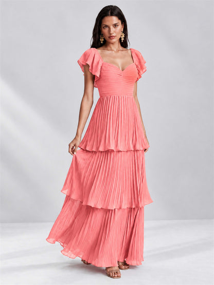 Sweetheart A-Line Tiered Chiffon Pleated Wedding Guest Dress with Flutter Sleeves