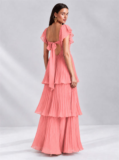 Sweetheart A-Line Tiered Chiffon Pleated Wedding Guest Dress with Flutter Sleeves