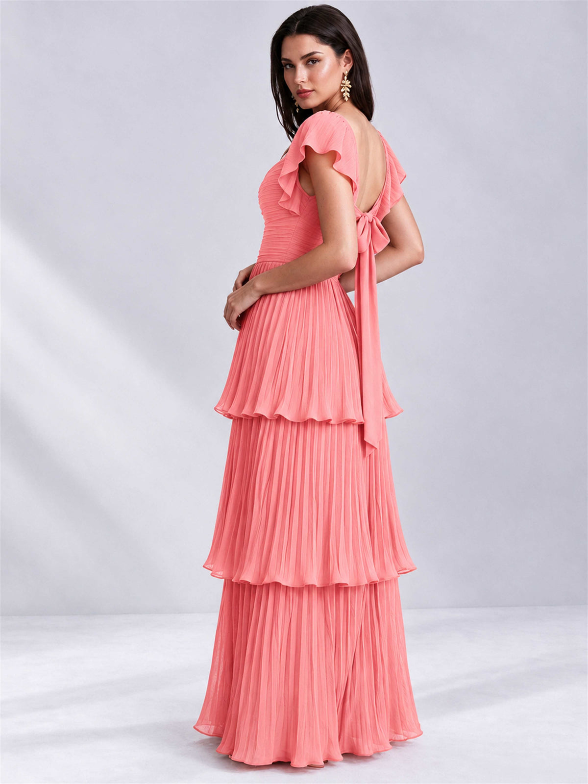 Sweetheart A-Line Tiered Chiffon Pleated Wedding Guest Dress with Flutter Sleeves