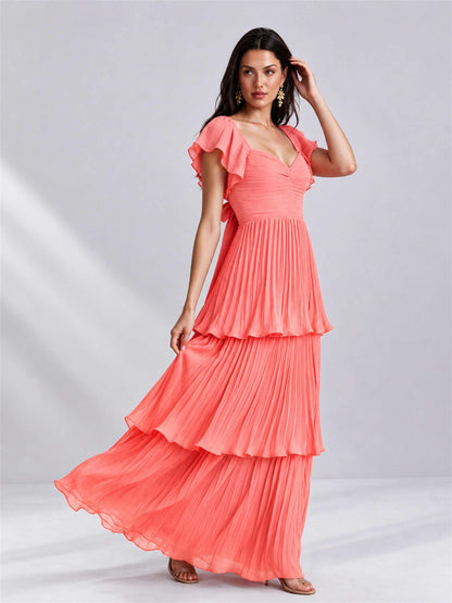 Sweetheart A-Line Tiered Chiffon Pleated Wedding Guest Dress with Flutter Sleeves