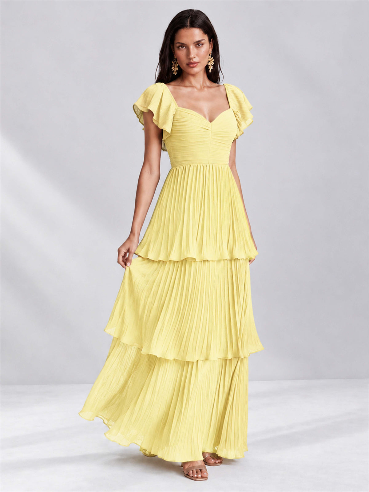 Sweetheart A-Line Tiered Chiffon Pleated Wedding Guest Dress with Flutter Sleeves