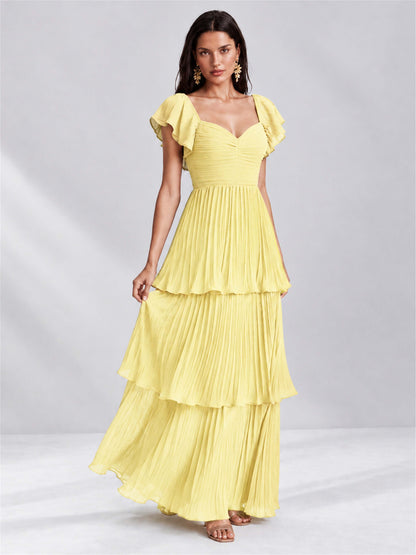 Sweetheart A-Line Tiered Chiffon Pleated Wedding Guest Dress with Flutter Sleeves