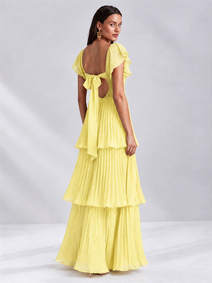 Sweetheart A-Line Tiered Chiffon Pleated Wedding Guest Dress with Flutter Sleeves