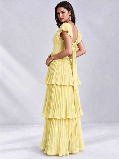 Sweetheart A-Line Tiered Chiffon Pleated Wedding Guest Dress with Flutter Sleeves