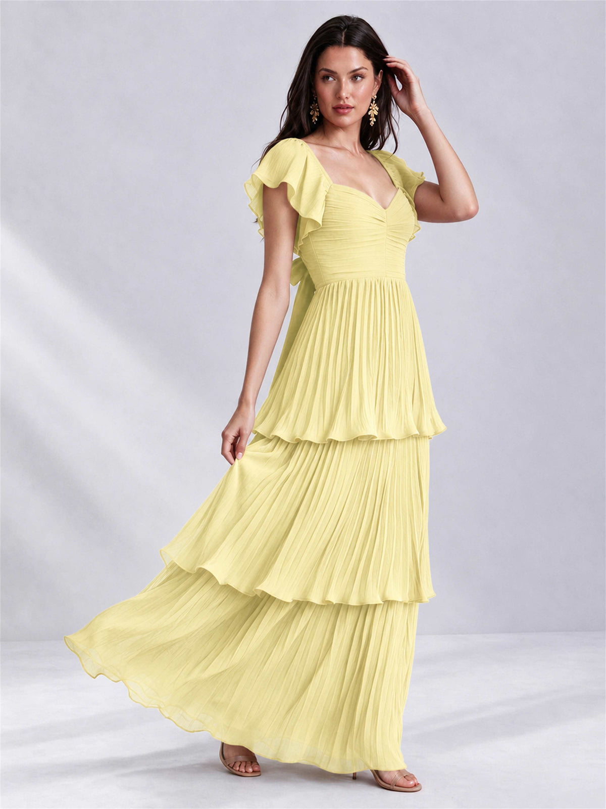 Sweetheart A-Line Tiered Chiffon Pleated Wedding Guest Dress with Flutter Sleeves