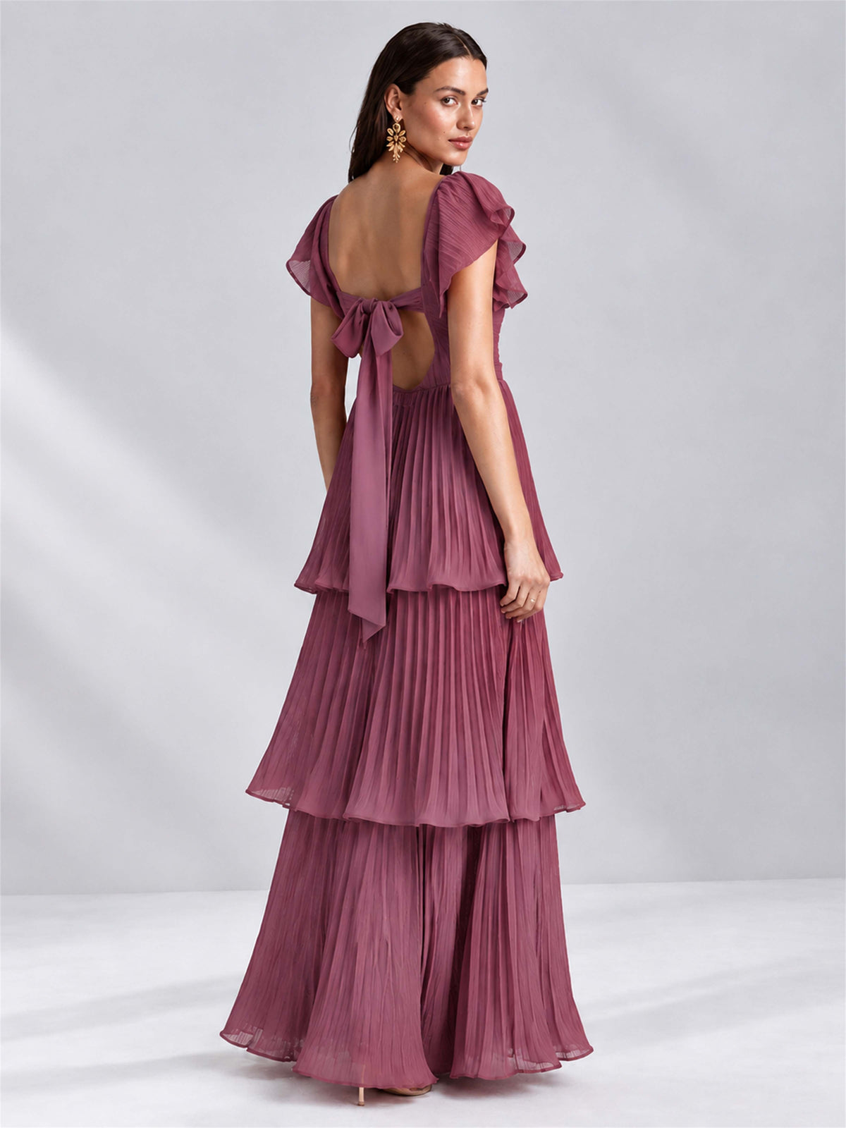 Sweetheart A-Line Tiered Chiffon Pleated Wedding Guest Dress with Flutter Sleeves