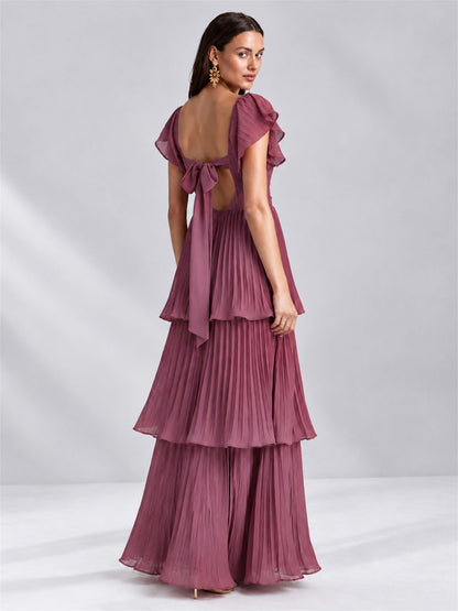 Sweetheart A-Line Tiered Chiffon Pleated Wedding Guest Dress with Flutter Sleeves