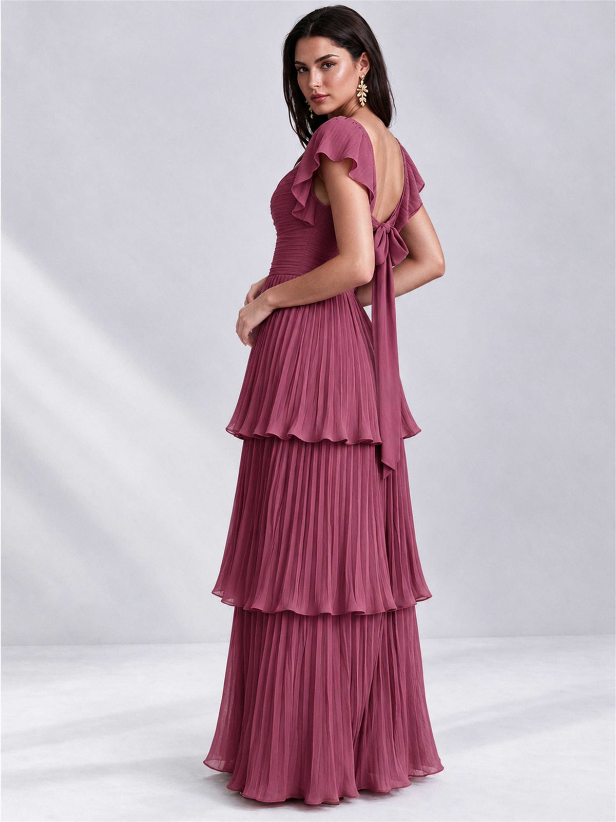 Sweetheart A-Line Tiered Chiffon Pleated Wedding Guest Dress with Flutter Sleeves