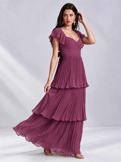 Sweetheart A-Line Tiered Chiffon Pleated Wedding Guest Dress with Flutter Sleeves