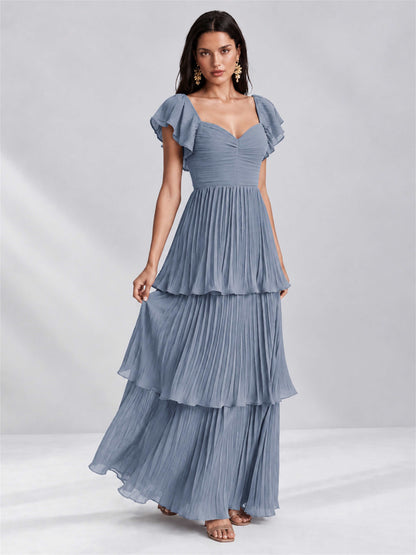 Sweetheart A-Line Tiered Chiffon Pleated Wedding Guest Dress with Flutter Sleeves