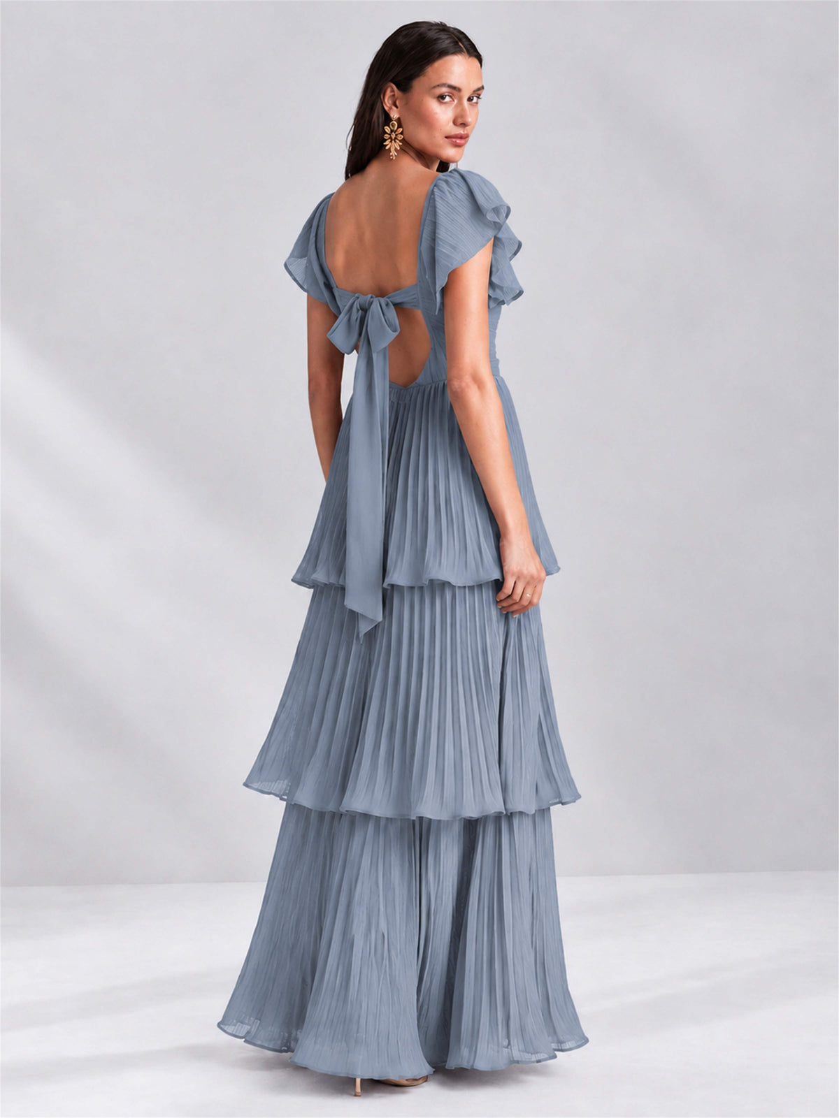 Sweetheart A-Line Tiered Chiffon Pleated Wedding Guest Dress with Flutter Sleeves