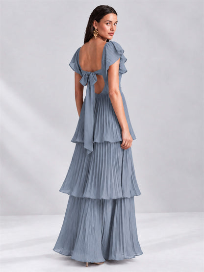 Sweetheart A-Line Tiered Chiffon Pleated Wedding Guest Dress with Flutter Sleeves
