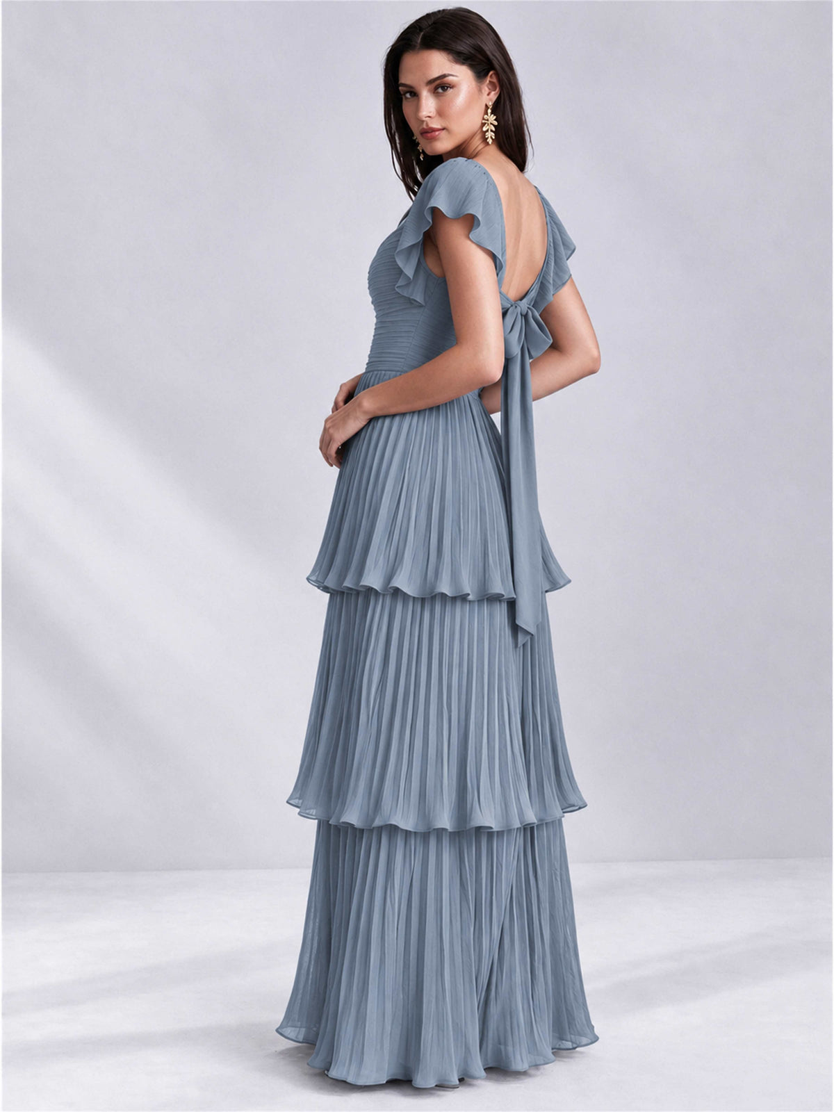 Sweetheart A-Line Tiered Chiffon Pleated Wedding Guest Dress with Flutter Sleeves