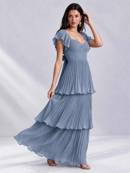 Sweetheart A-Line Tiered Chiffon Pleated Wedding Guest Dress with Flutter Sleeves