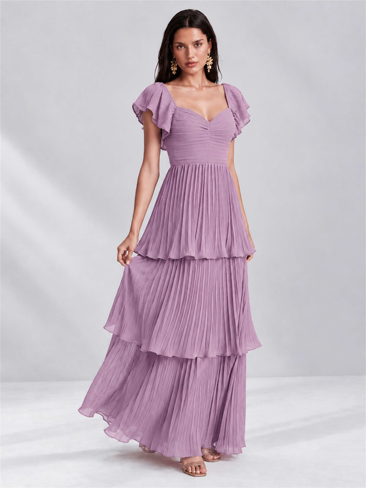 Sweetheart A-Line Tiered Chiffon Pleated Wedding Guest Dress with Flutter Sleeves
