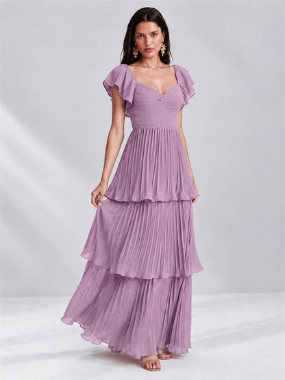 Sweetheart A-Line Tiered Chiffon Pleated Wedding Guest Dress with Flutter Sleeves