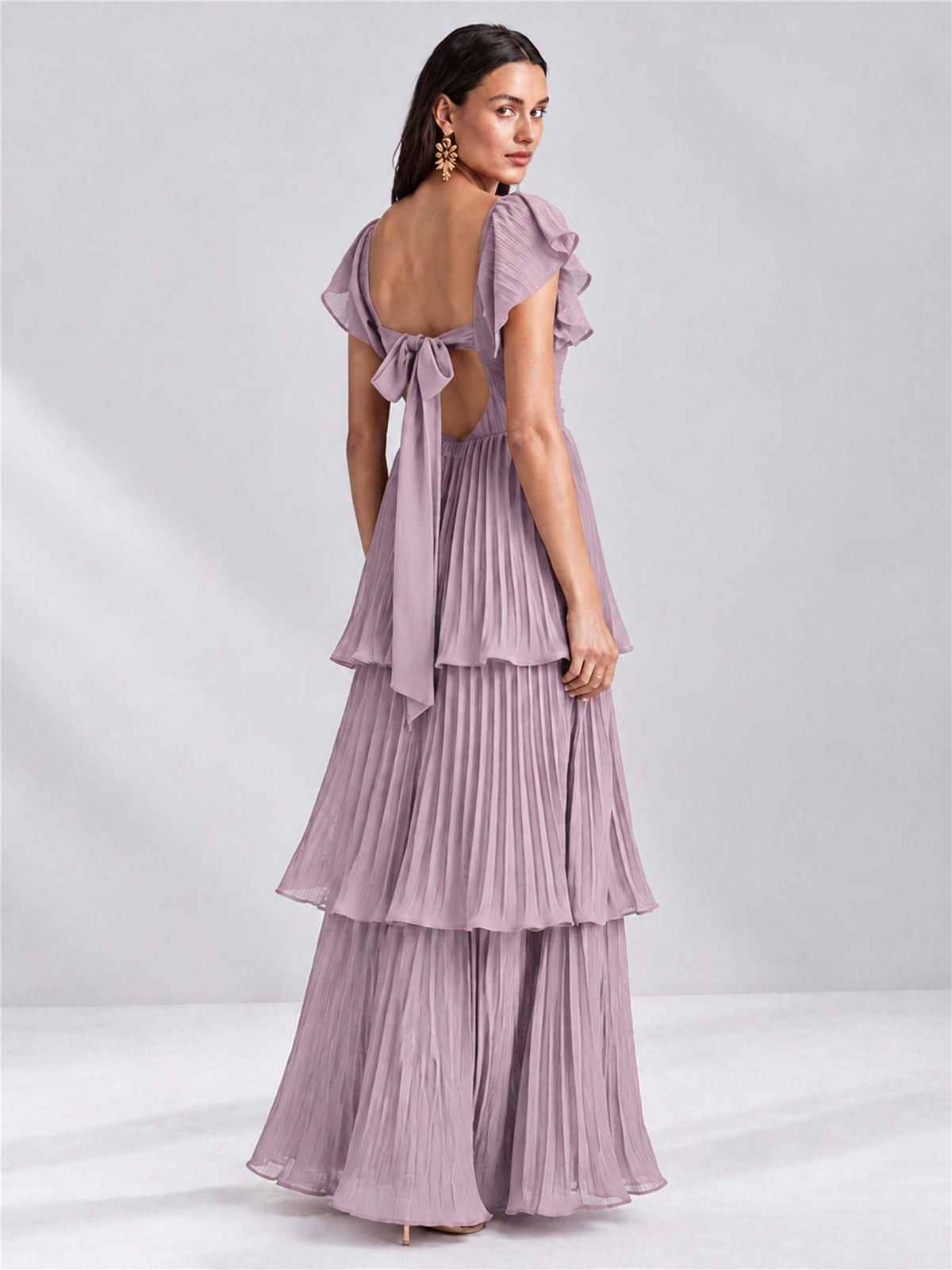 Sweetheart A-Line Tiered Chiffon Pleated Wedding Guest Dress with Flutter Sleeves