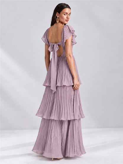 Sweetheart A-Line Tiered Chiffon Pleated Wedding Guest Dress with Flutter Sleeves