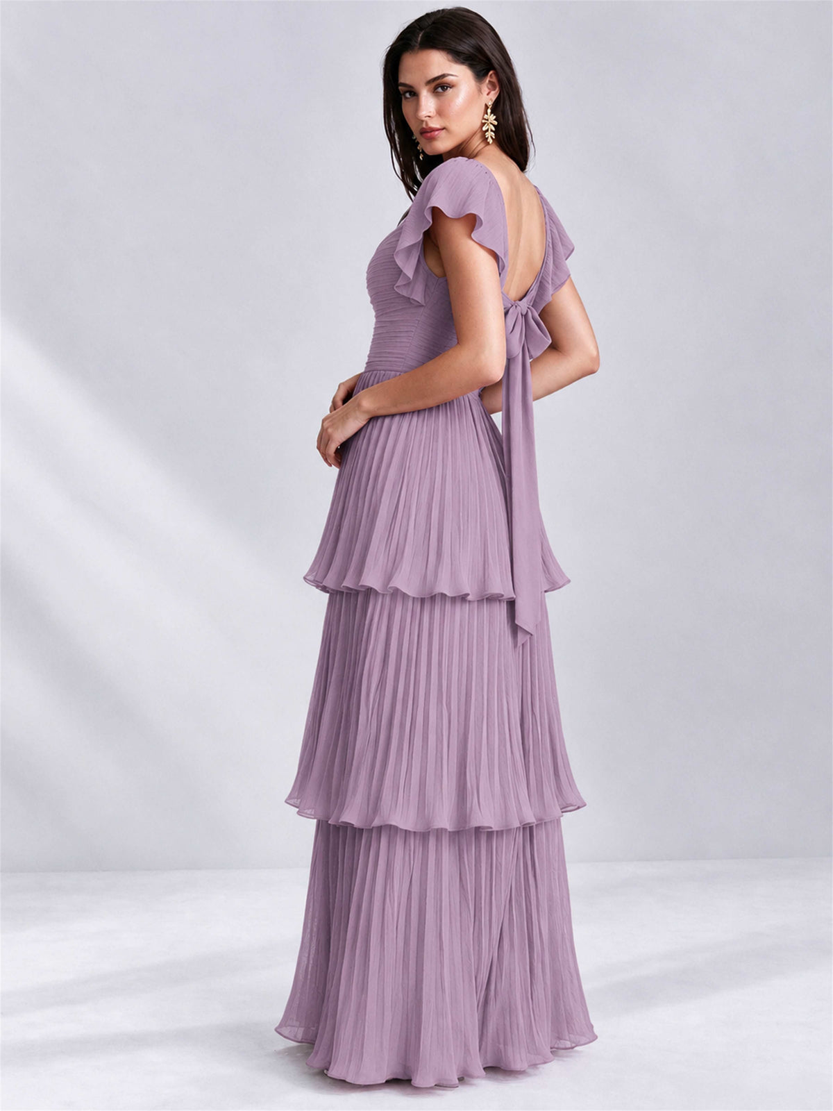 Sweetheart A-Line Tiered Chiffon Pleated Wedding Guest Dress with Flutter Sleeves
