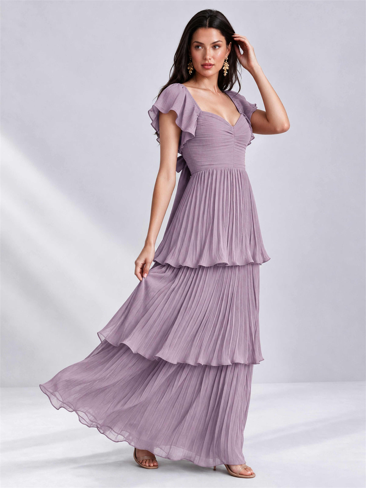 Sweetheart A-Line Tiered Chiffon Pleated Wedding Guest Dress with Flutter Sleeves