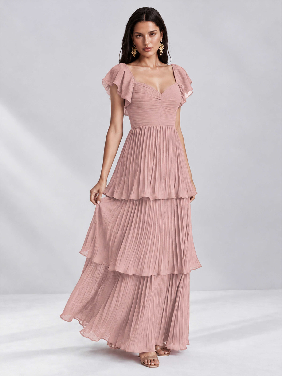 Sweetheart A-Line Tiered Chiffon Pleated Wedding Guest Dress with Flutter Sleeves