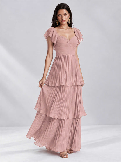 Sweetheart A-Line Tiered Chiffon Pleated Wedding Guest Dress with Flutter Sleeves