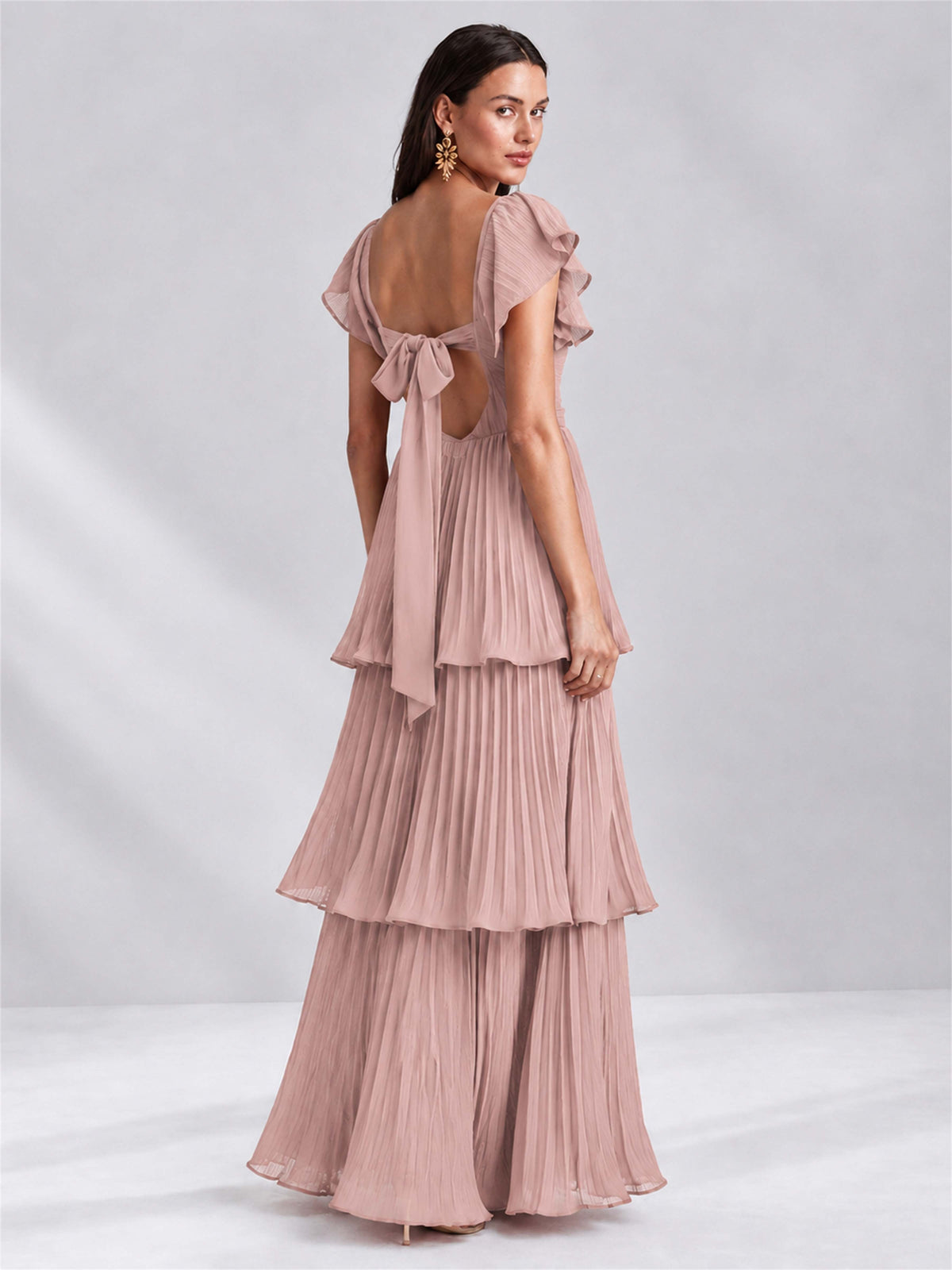 Sweetheart A-Line Tiered Chiffon Pleated Wedding Guest Dress with Flutter Sleeves