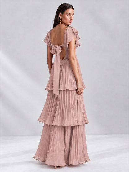 Sweetheart A-Line Tiered Chiffon Pleated Wedding Guest Dress with Flutter Sleeves