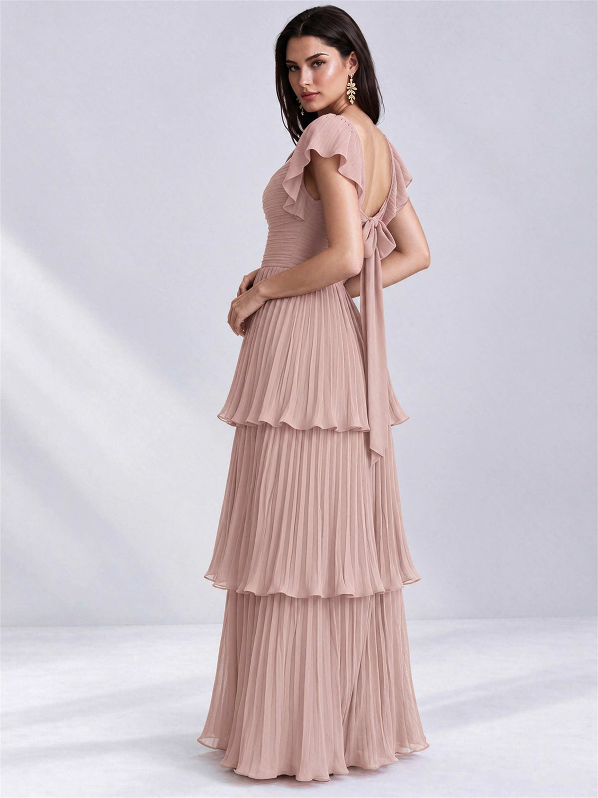 Sweetheart A-Line Tiered Chiffon Pleated Wedding Guest Dress with Flutter Sleeves