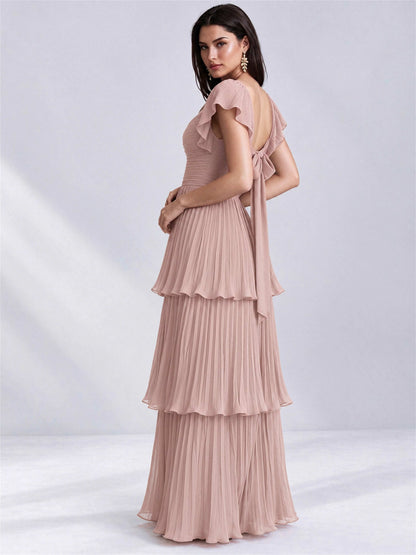 Sweetheart A-Line Tiered Chiffon Pleated Wedding Guest Dress with Flutter Sleeves