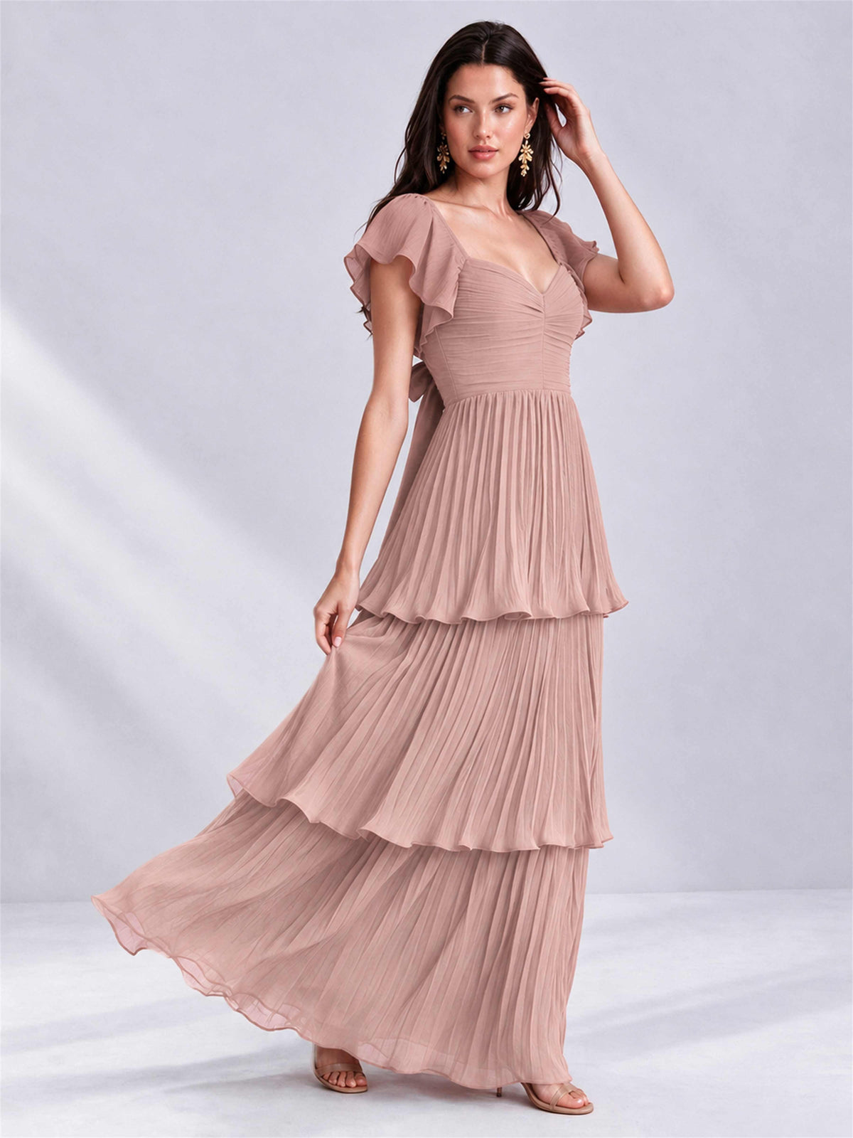 Sweetheart A-Line Tiered Chiffon Pleated Wedding Guest Dress with Flutter Sleeves