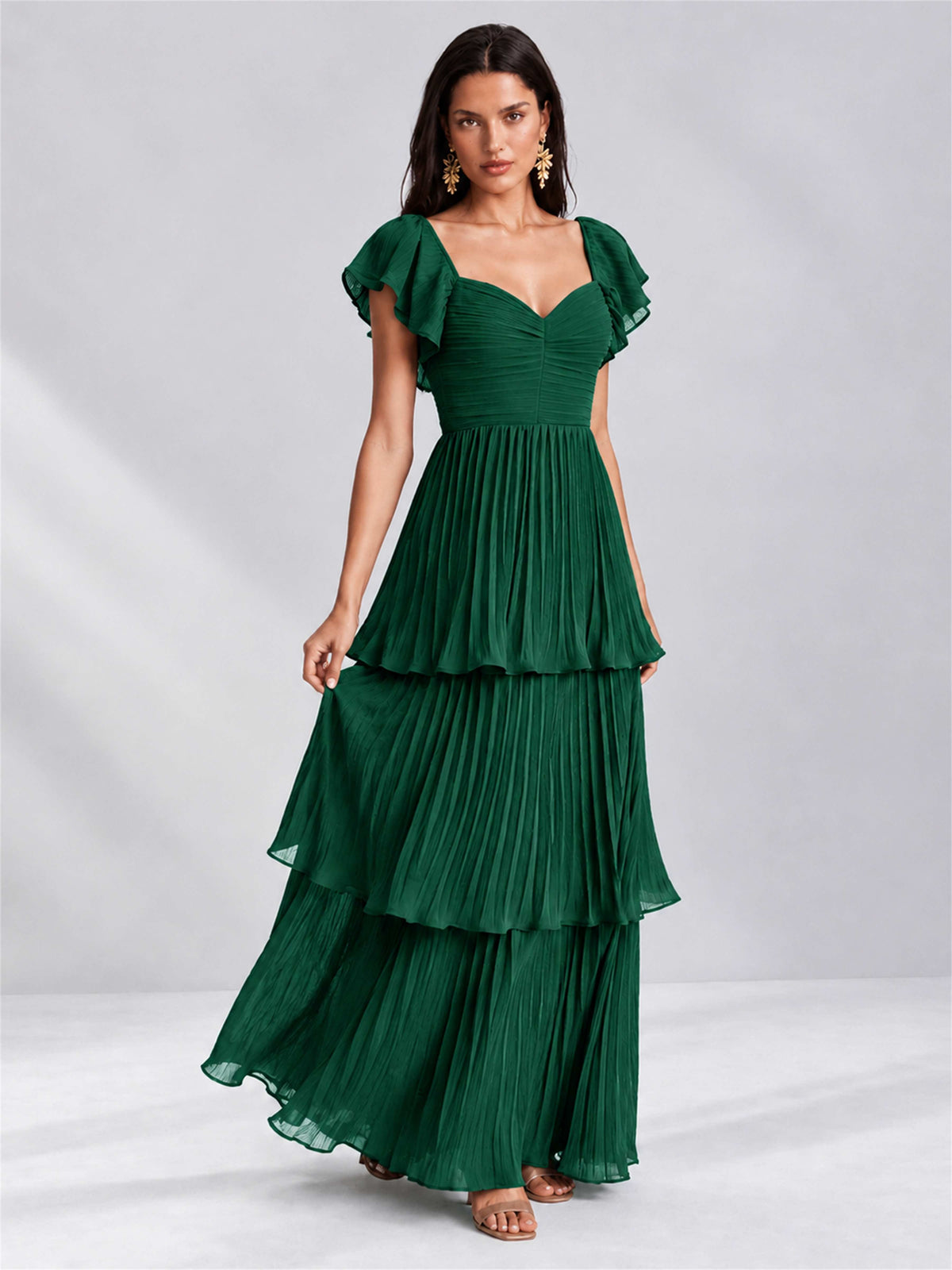 Sweetheart A-Line Tiered Chiffon Pleated Wedding Guest Dress with Flutter Sleeves