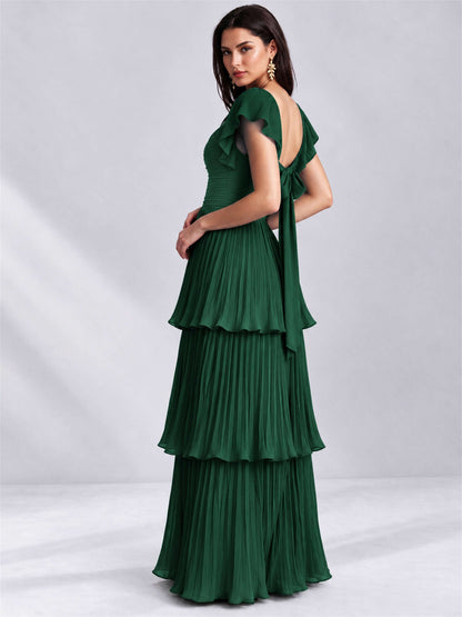 Sweetheart A-Line Tiered Chiffon Pleated Wedding Guest Dress with Flutter Sleeves
