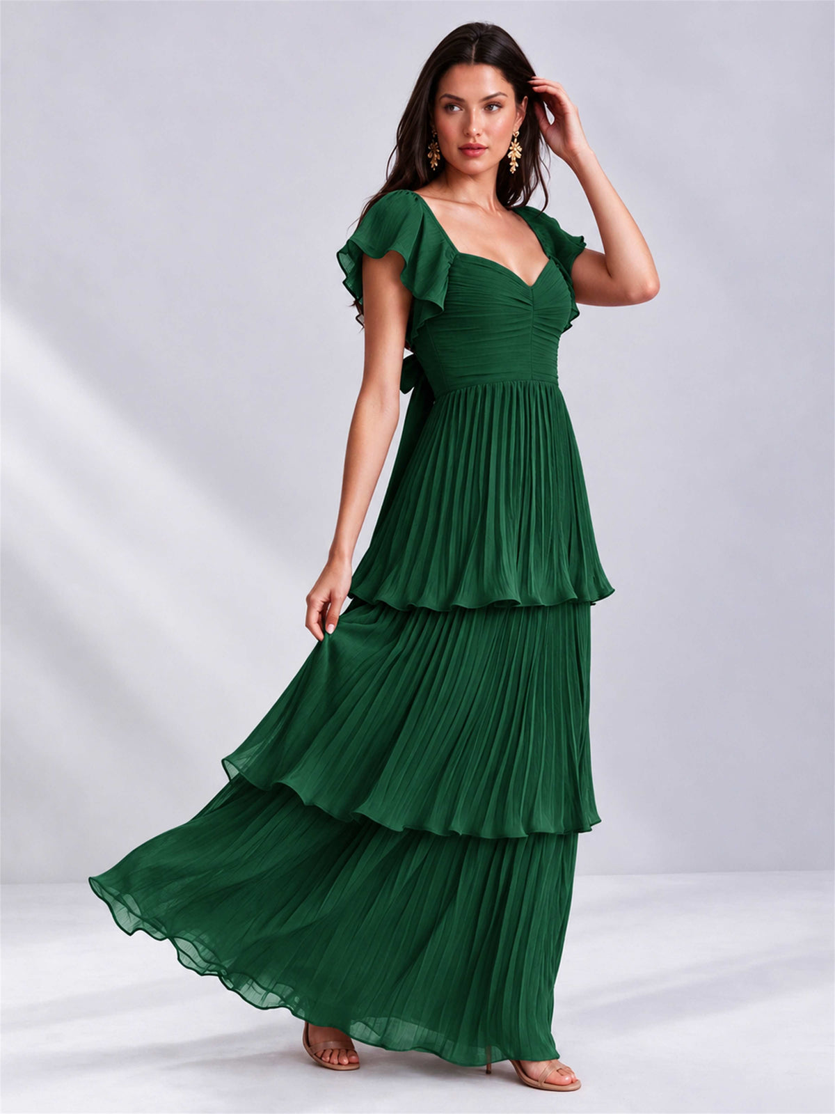 Sweetheart A-Line Tiered Chiffon Pleated Wedding Guest Dress with Flutter Sleeves