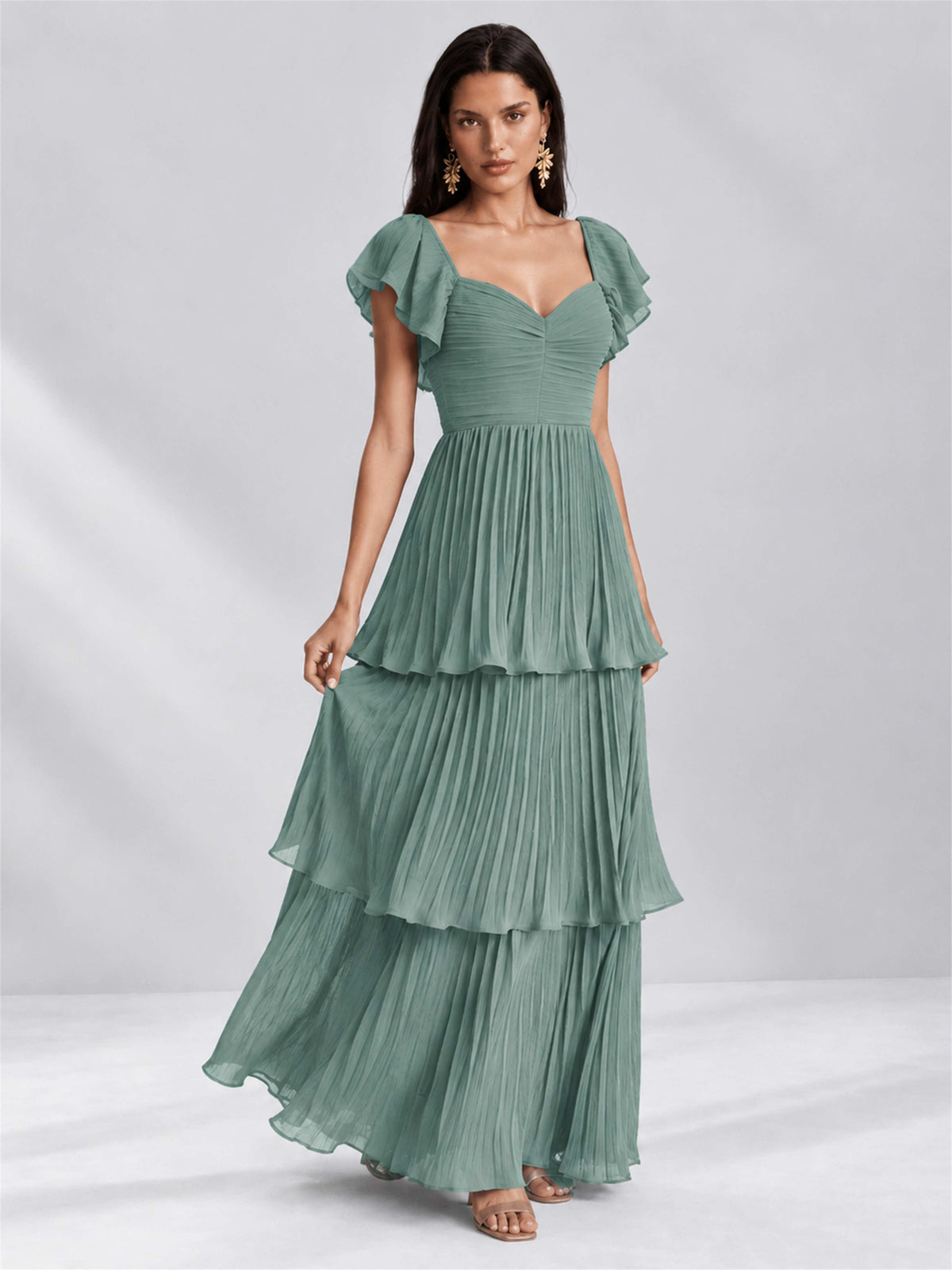 Sweetheart A-Line Tiered Chiffon Pleated Wedding Guest Dress with Flutter Sleeves