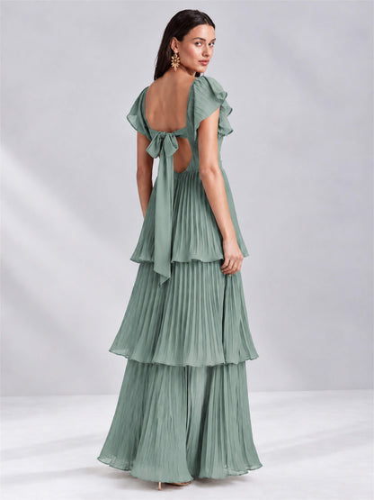 Sweetheart A-Line Tiered Chiffon Pleated Wedding Guest Dress with Flutter Sleeves