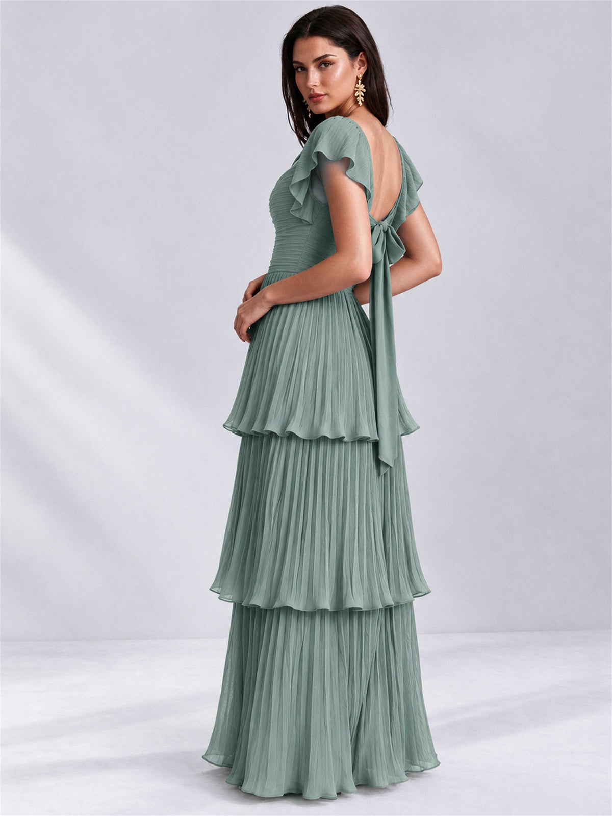 Sweetheart A-Line Tiered Chiffon Pleated Wedding Guest Dress with Flutter Sleeves